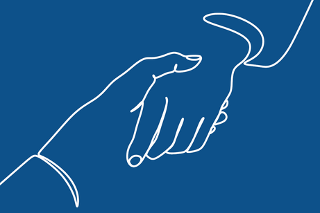 Cover VdK-Pflegebroschüre: Helfende Hände Die Zeichnung aus einer einzigen Linie zeigt eine Hand, die die Hand eines anderen Menschen hält.