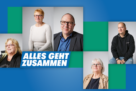Die Collage zeigt f&uuml;nf Portraitfotos von Menschen, die ehrenamtlich im VdK engagiert sind, und das Logo der VdK-Aktion "Alles geht zusammen"