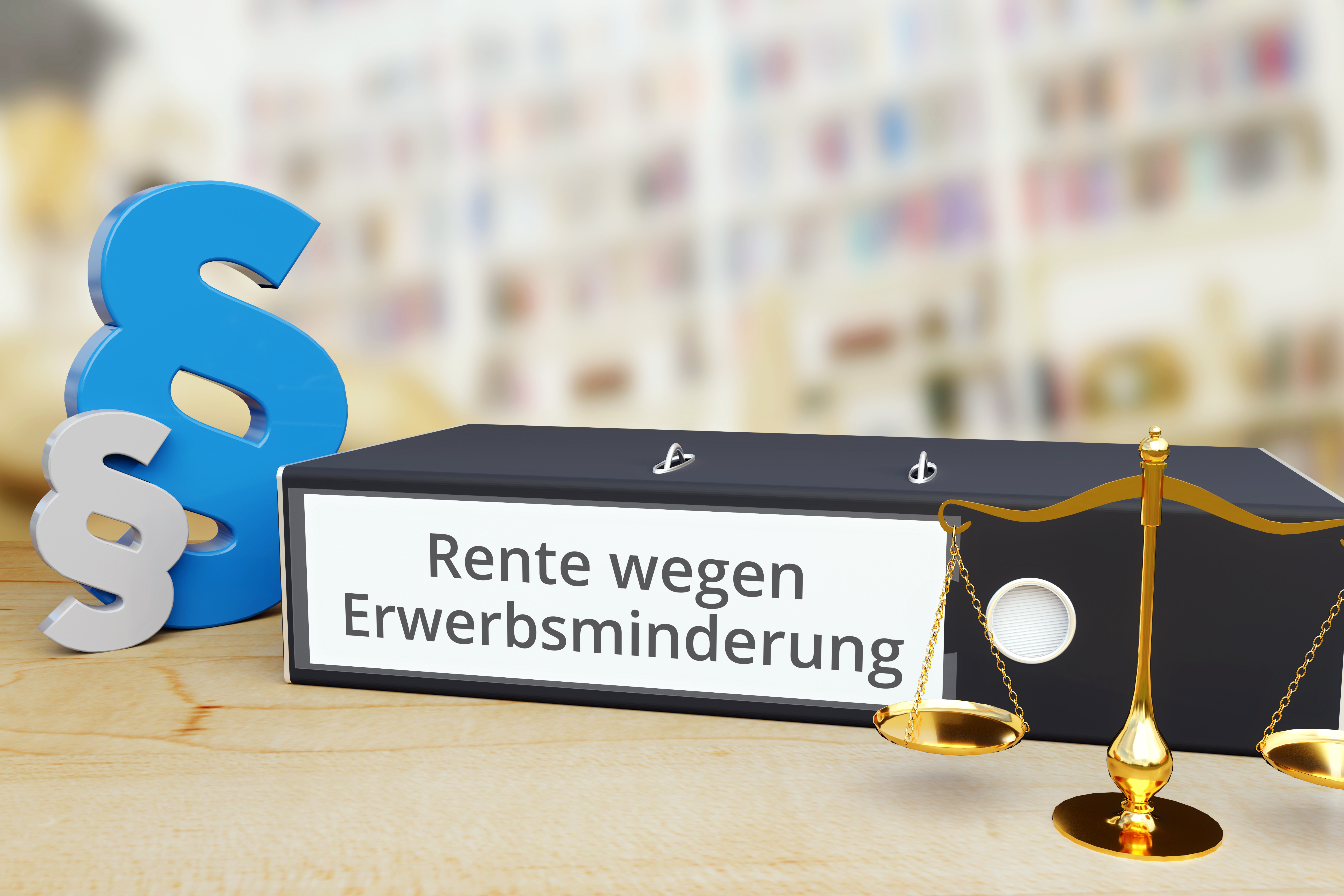 Ordner mit Beschriftung "Rente wegen Erwerbsminderung ", daneben stehen zwei Paragrafen-Zeichen und eine Waage