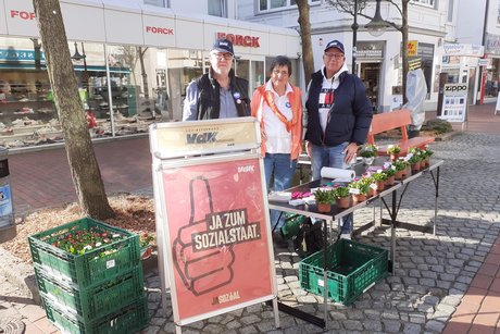 3 Personen mit Blumen zum Verschenken auf Tischen in der Einkaufsmeile Schleswig anlässlich des internationalen Frauentages